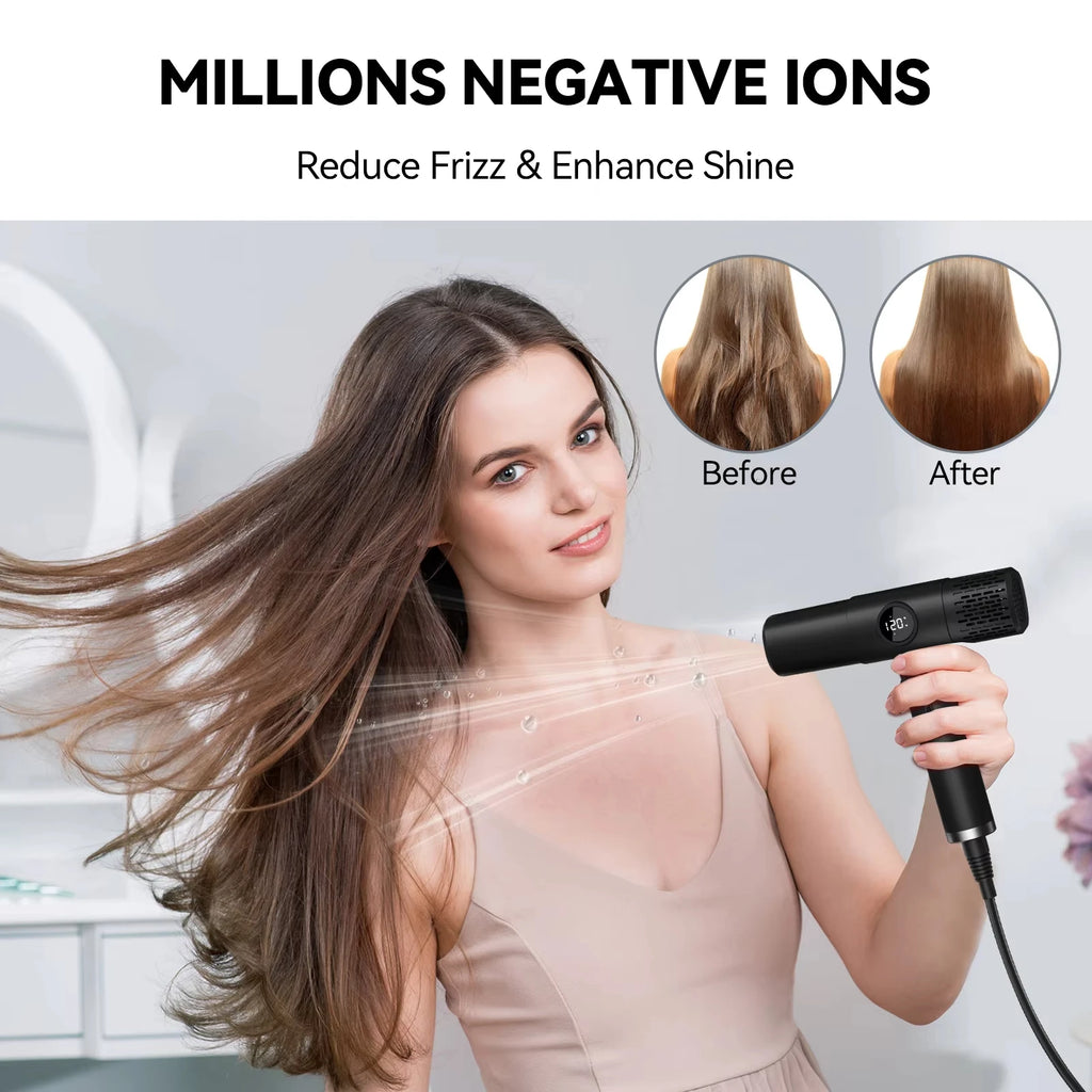 TINSOL black professional negative ion hair dryer with digital display for fast, frizz-free salon drying at home.