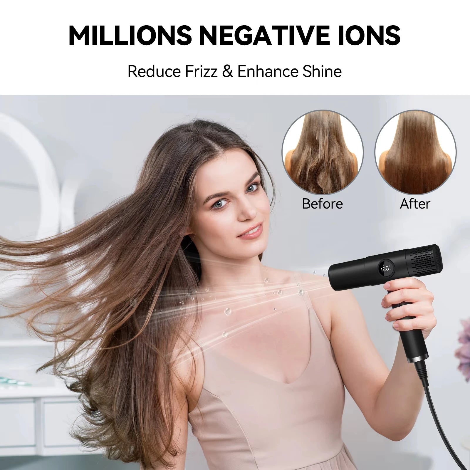 TINSOL black professional negative ion hair dryer with digital display for fast, frizz-free salon drying at home.
