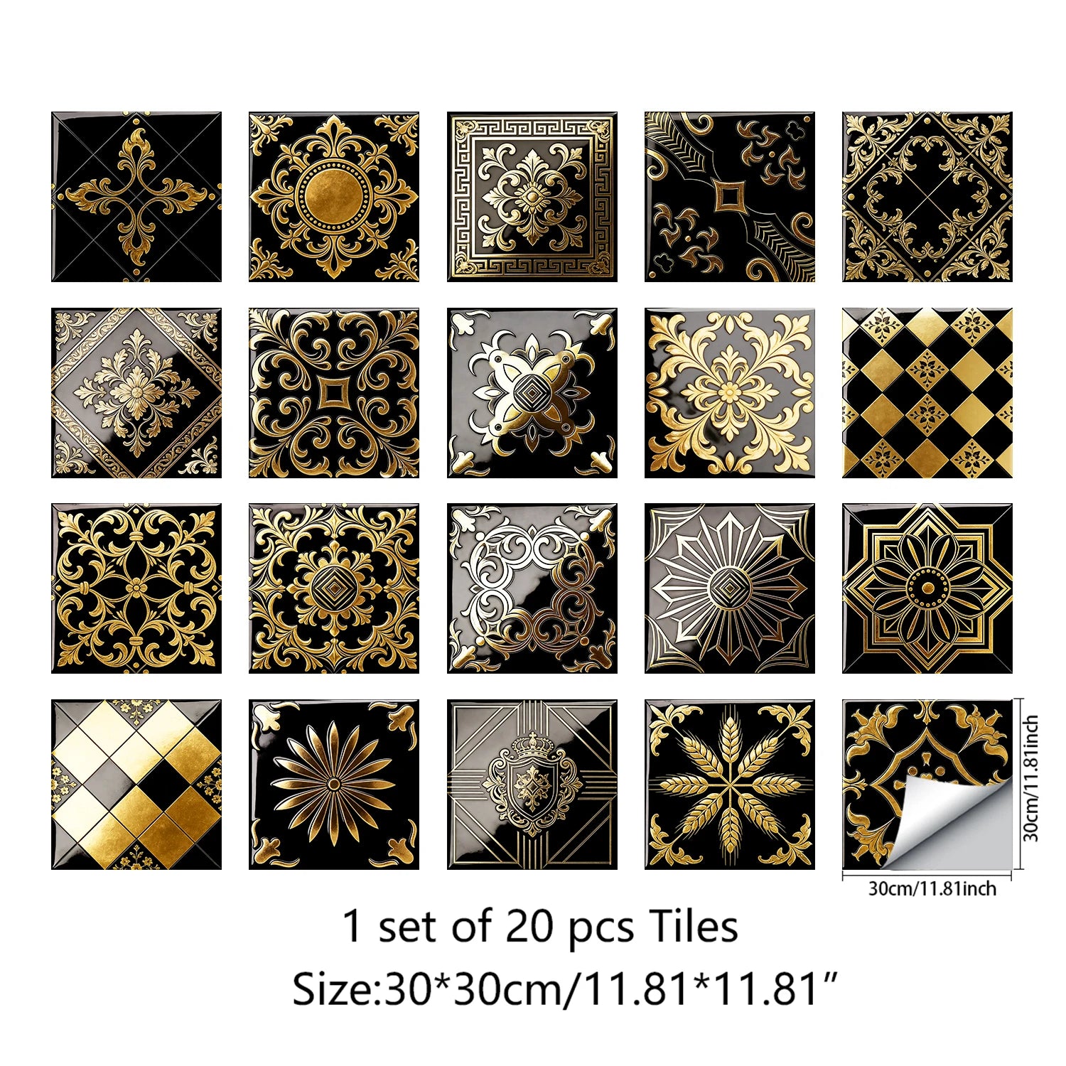 20pcs Classic Black Gold Ornate Baroque Style Tile Transfers Waterproof Stickers for Home Renovation