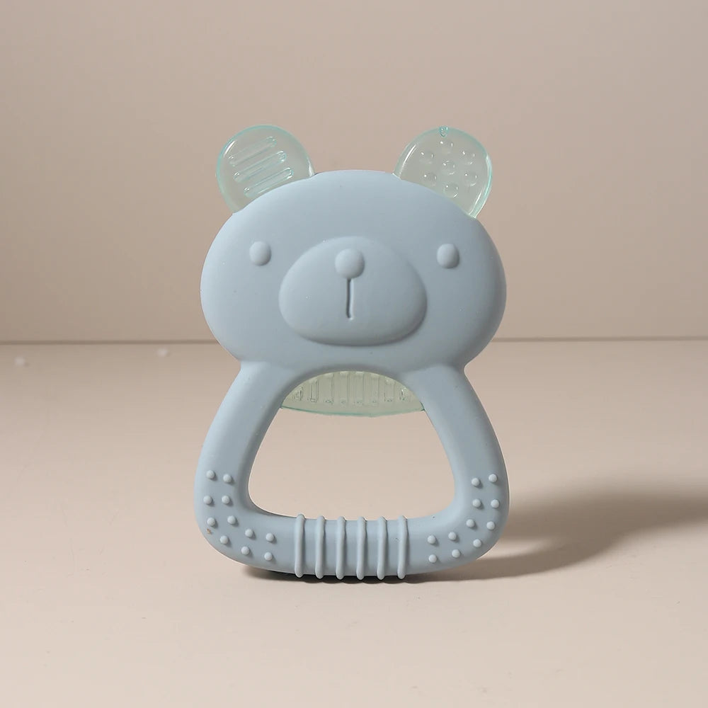 Light blue silicone bear baby teething toy for soothing gums.