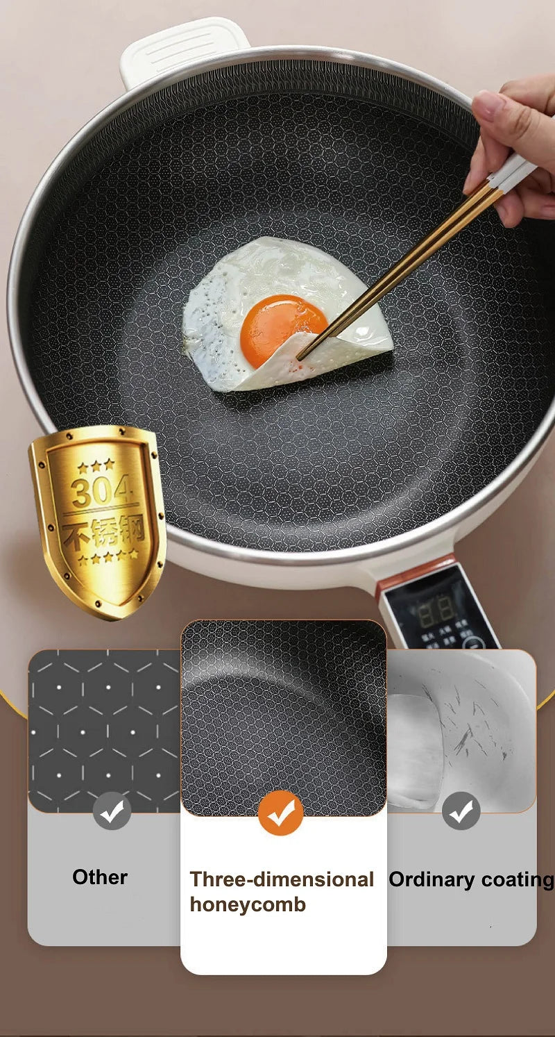 Electric non-stick pot interior with honeycomb-style coating, showing egg being cooked