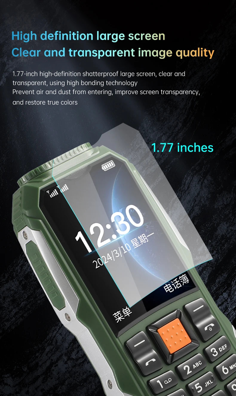 Durable Small Size Mini Rugged Outdoor Mobile Phone Push Button Battery FM Quick Dial Long Standby Two Flashlight Lound Sound