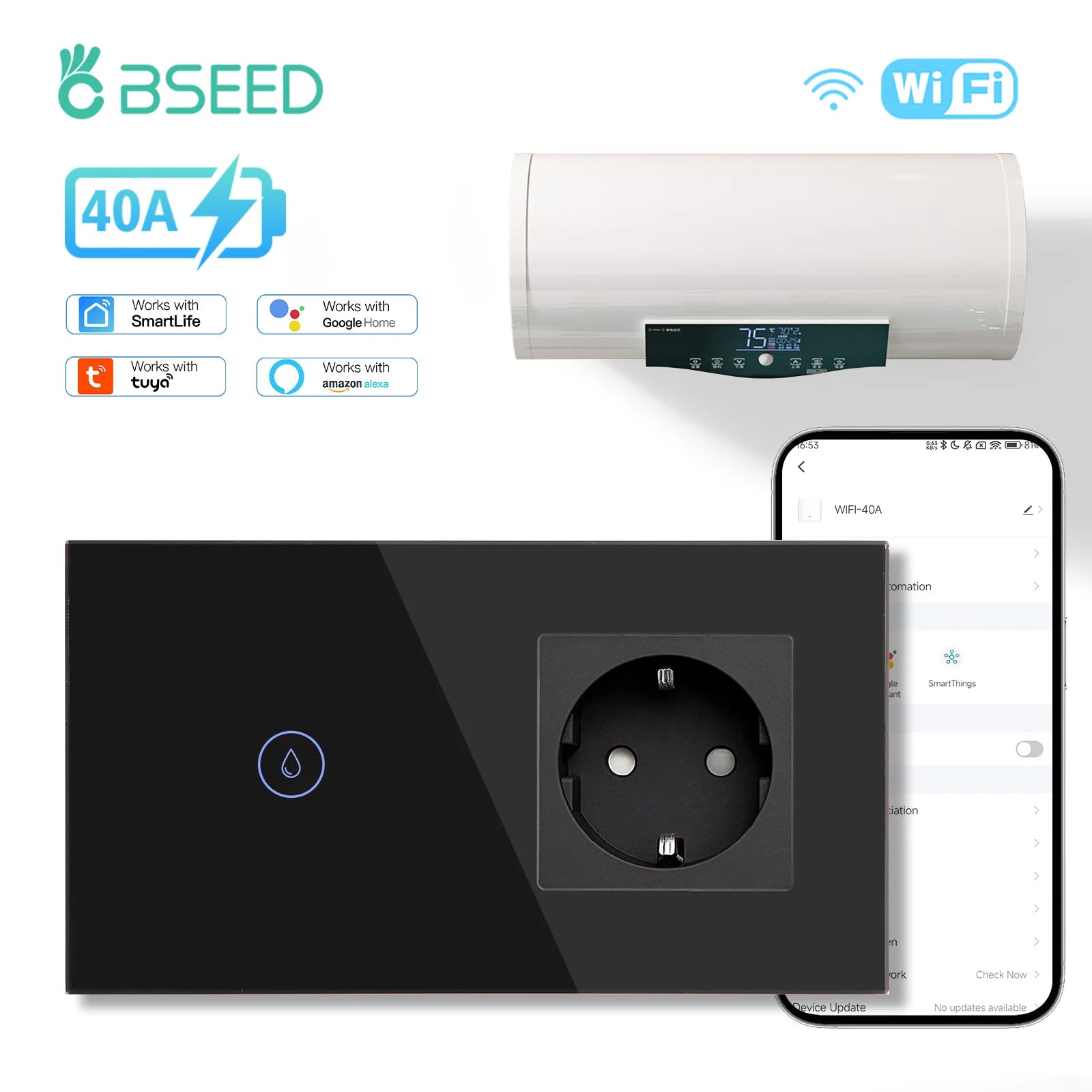 BSEED Wifi Smart Water Heater Switches Touch Boiler Switches 40A Plus EU Waterproof Socket For Kitchen Batroom Tuya Smart Life