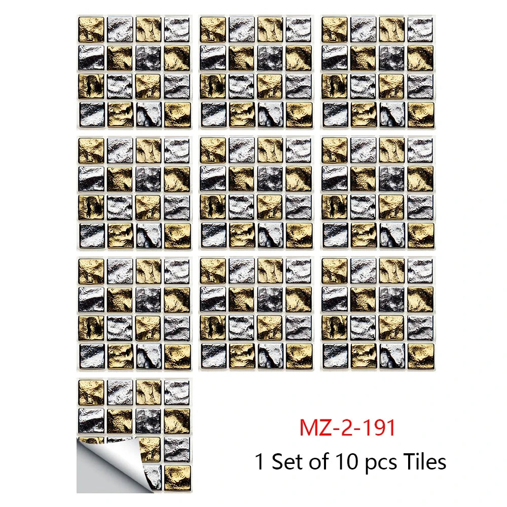 Peel-and-stick mosaic tile sticker set, gold and white square tiles