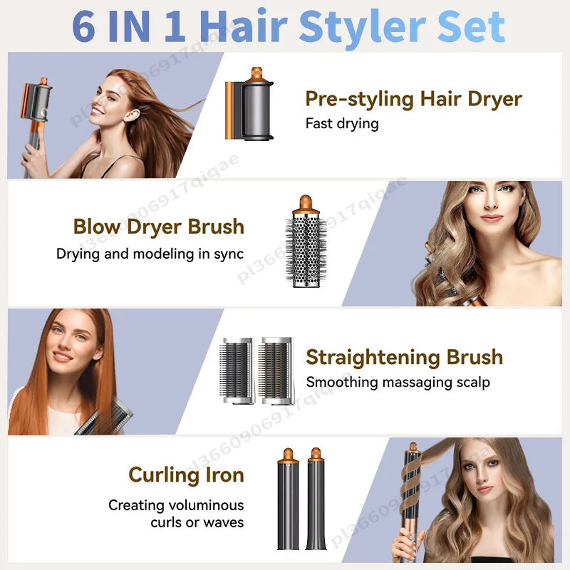 6-in-1 ionic hair styler set with dryer, curling iron, and straightening brush in gold and grey for fast styling.