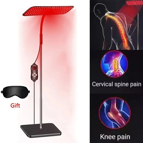 Red light therapy floor device with rectangular LED panel for pain relief and wellness therapy.