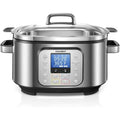 Programmable stainless slow cooker with glass lid, handle, and LED control panel, silver