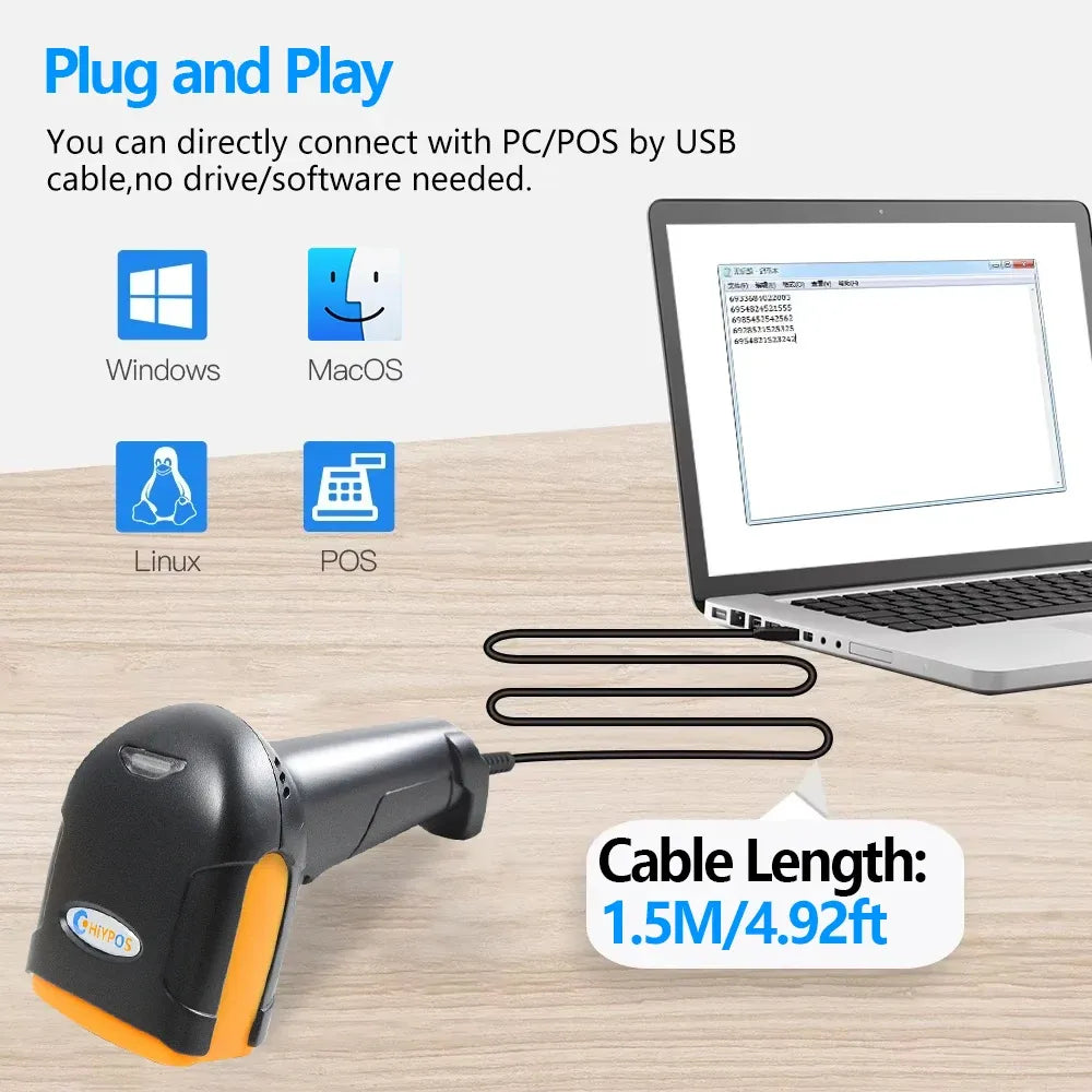 Plug-and-play wired 2D barcode scanner with USB cable, shown connected to a laptop