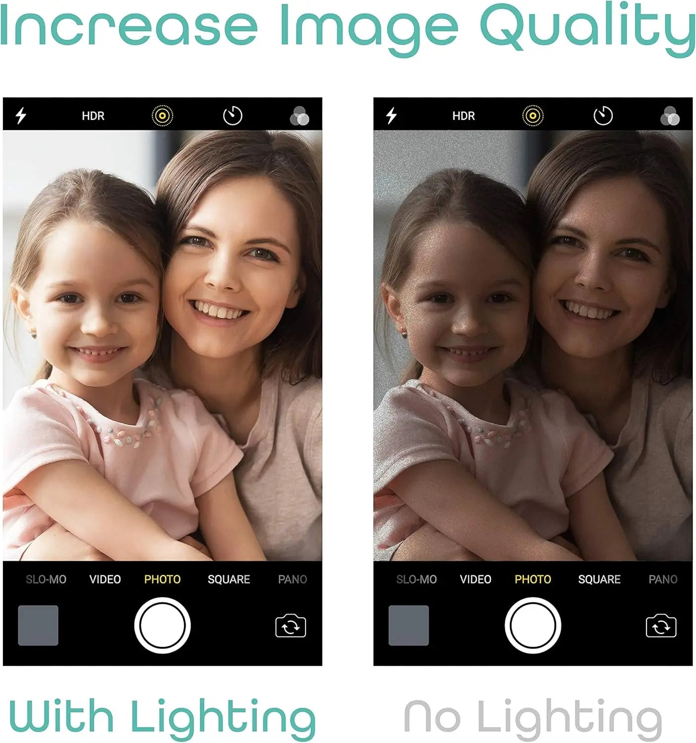 Split-screen comparison showing a woman and child in a phone camera interface with and without added lighting.