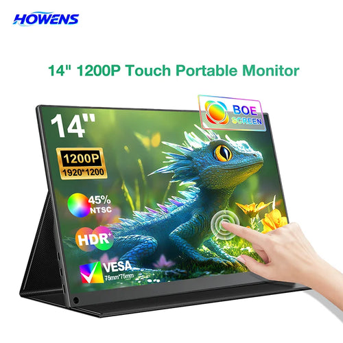 14-inch thin-bezel portable touch monitor with a 1200P display, black foldable case, and side I/O ports.