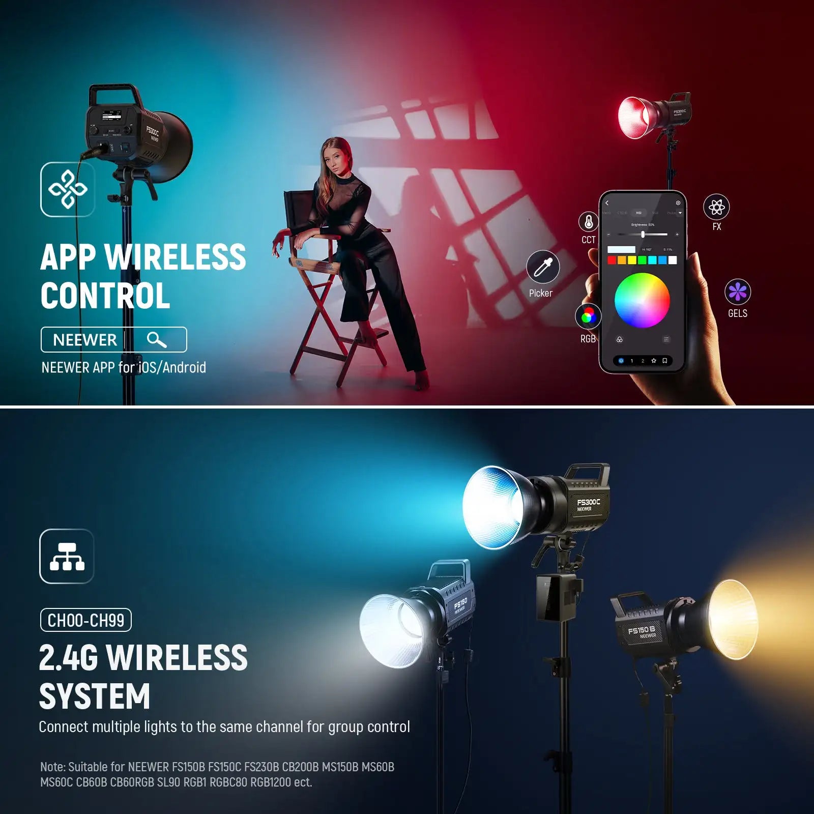 RGB LED Video Light 300W Bowens Mount for Pro Content Creation - Black Tidesmit
