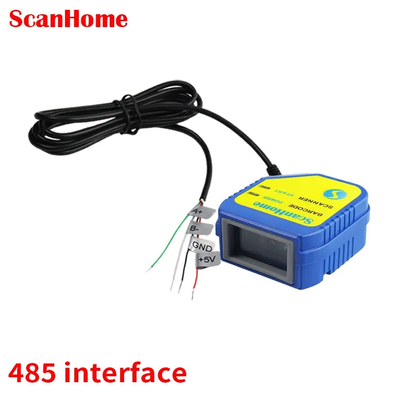 Blue barcode scanner module with RS485 wire leads (GND/+/−) and scanning window