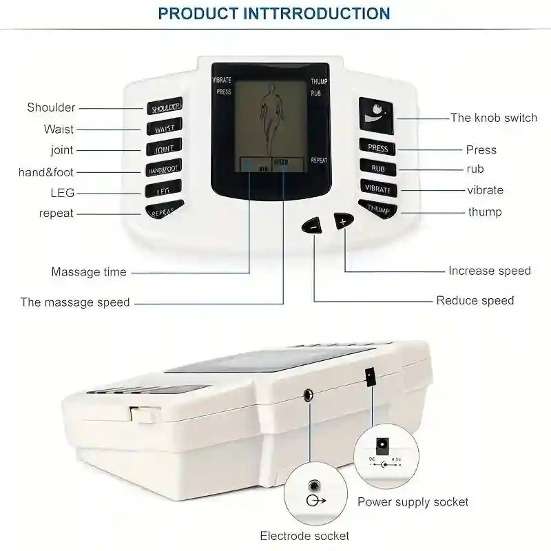 White digital EMS electrostimulator physiotherapy machine with LCD display, 12 massage modes, and electrode sockets.