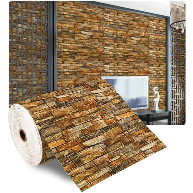 Brown 3D brick self-adhesive foam wallpaper roll, embossed staggered brick pattern