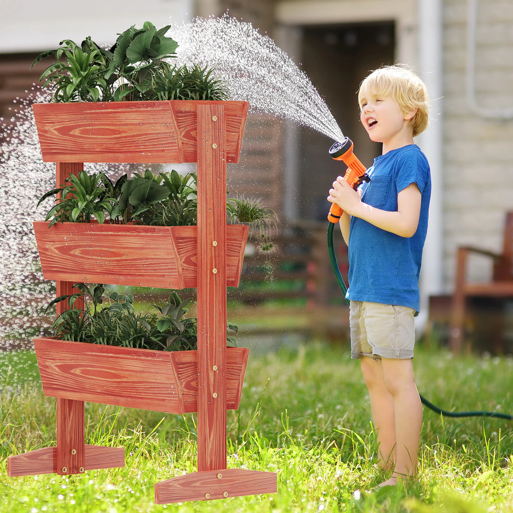 4-tier raised wooden planter box, reddish brown, with leafy plants being watered
