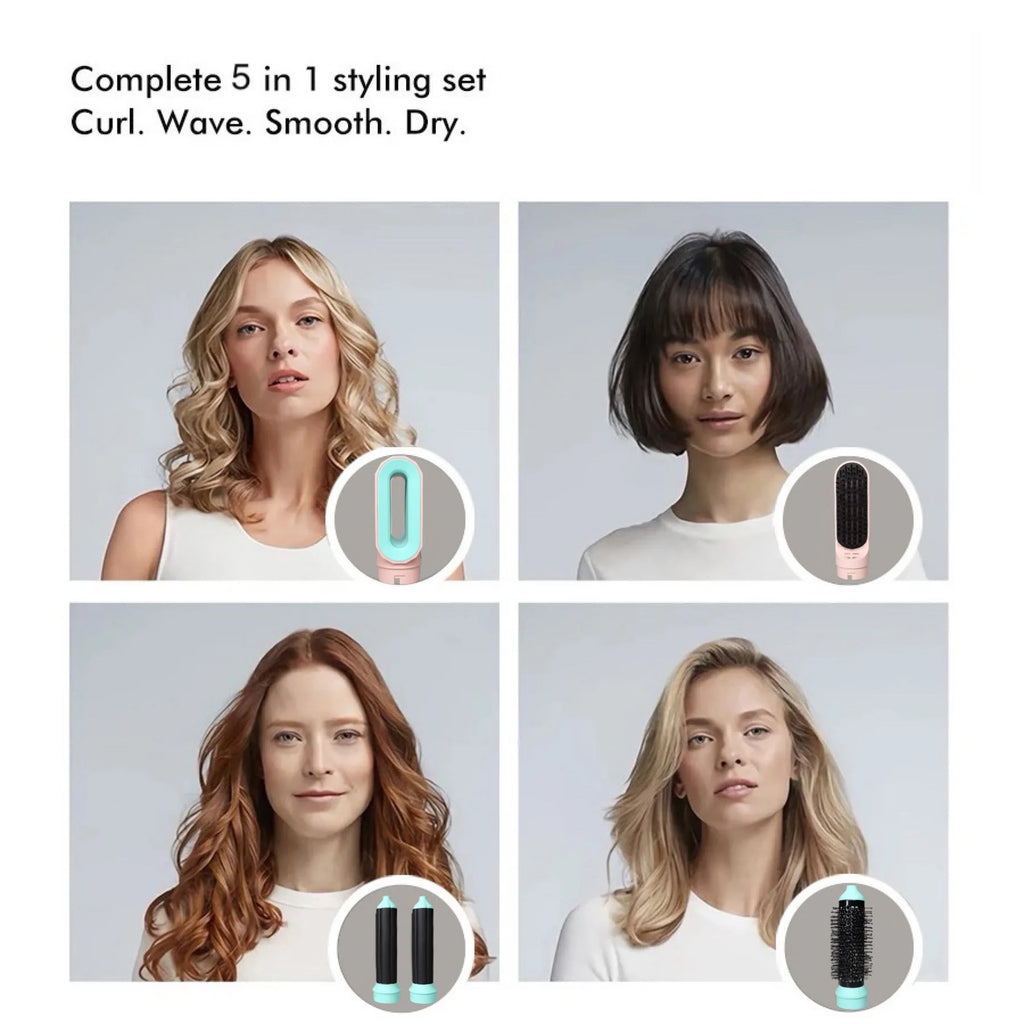 5-in-1 multi-styler hair dryer set with teal and pink attachments for curling, drying, and smoothing all hair types.