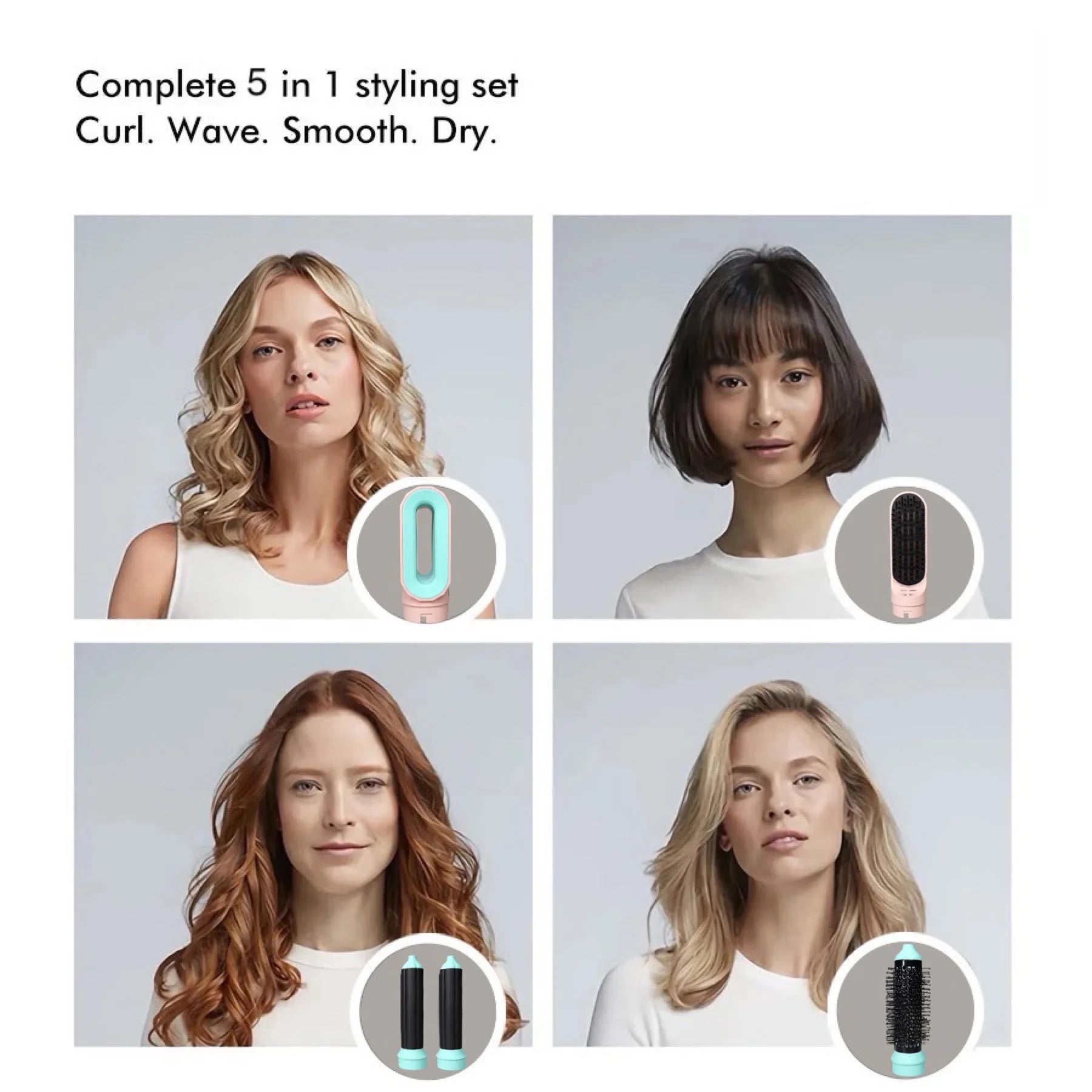 5-in-1 multi-styler hair dryer set with teal and pink attachments for curling, drying, and smoothing all hair types.