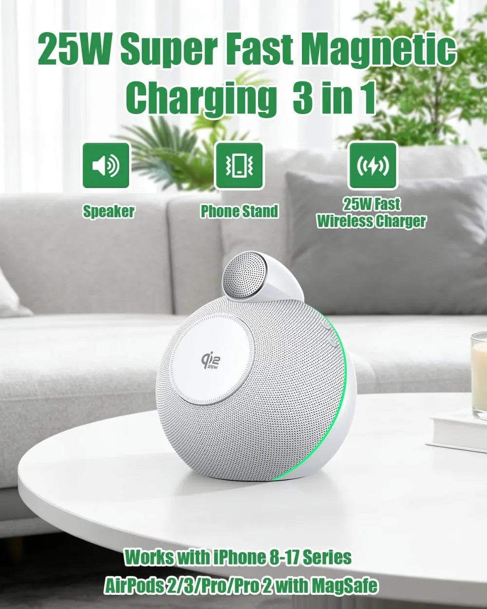 Bluetooth 5.3 Hi-Fi Speakers & Soft Ambient Lights 4-in-1 Qi2.2 25W Magnetic Wireless Charger for iPhone Apple Watch Airpods Pro