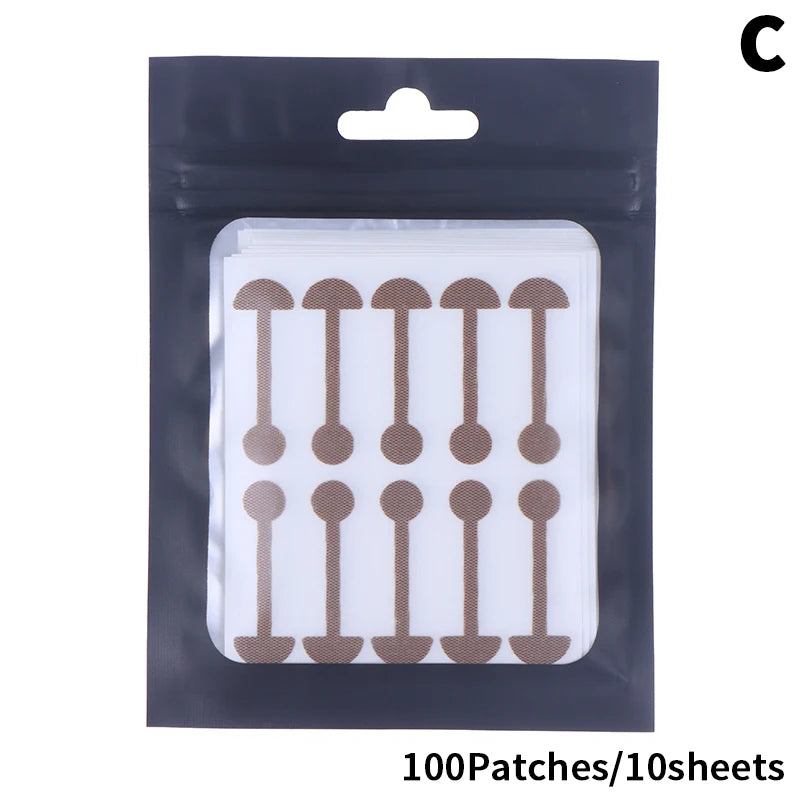 Pack of 100 invisible nose wing shrinking stickers on 10 sheets for narrow nose shaping and face lifting.