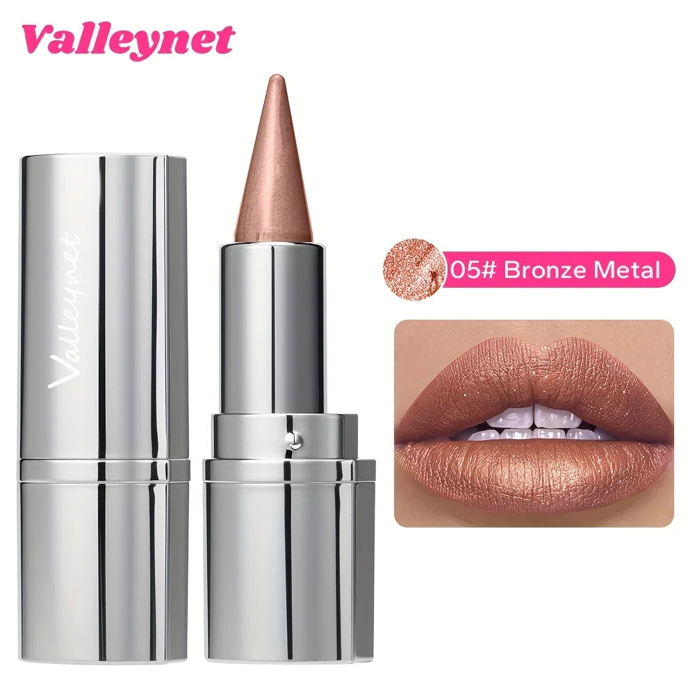 Bronze metallic lipstick in a silver tube with long-lasting shimmering finish and waterproof glitter lip glaze swatch.