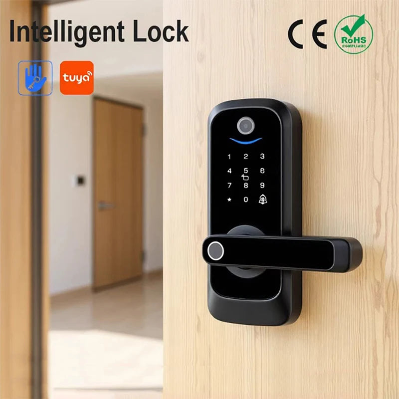Keypad Door Lock With Handle Fingerprint Door Lock Smart Doorbell Cat eye Peephole Camera Tuya Wifi App Door Locks For Bedrooms