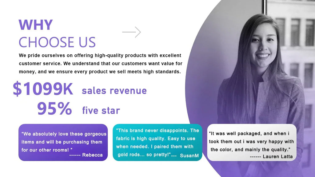 Promotional banner with smiling person and review text, including $1099K sales figure