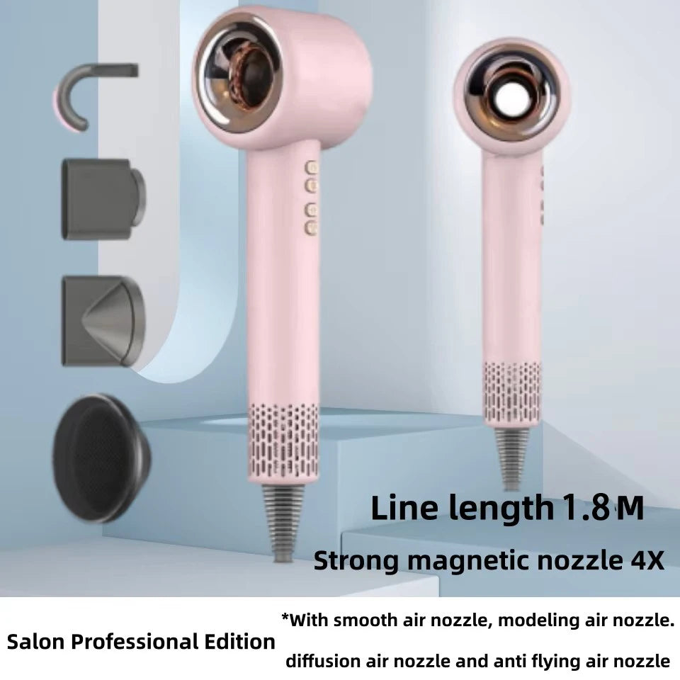 Pink 1600W silent negative ion hair dryer with 4 magnetic styling nozzles for professional salon-quality hair care.