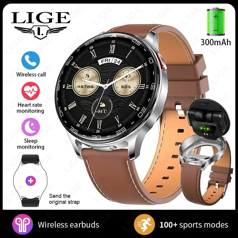 Silver smartwatch with brown leather strap and wireless earbuds in charging stand