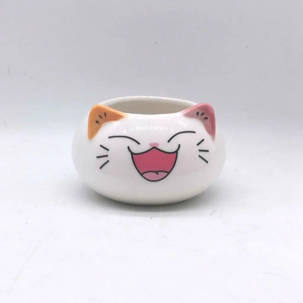 White cat-face ceramic planter cup with smiling mouth and peach ear accents