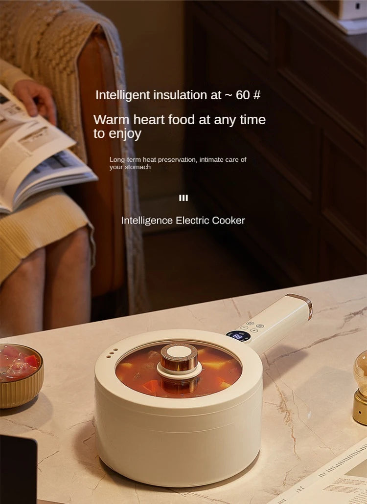 White electric hot pot cooker with top control dial and digital display.