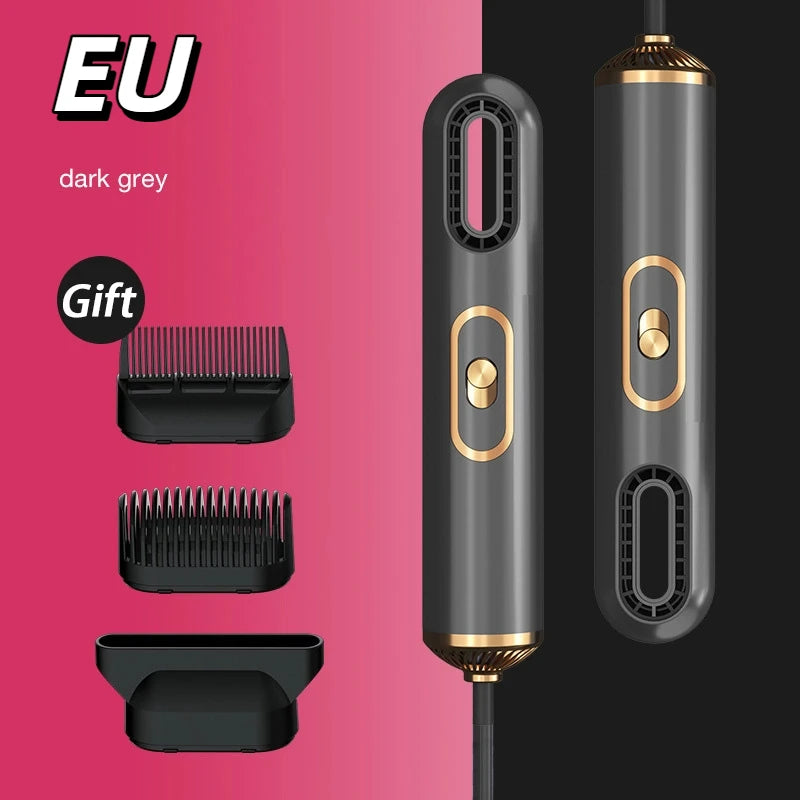 Dark grey high-speed ionic hair dryer with gold accents, professional styling attachments, and EU power plug.