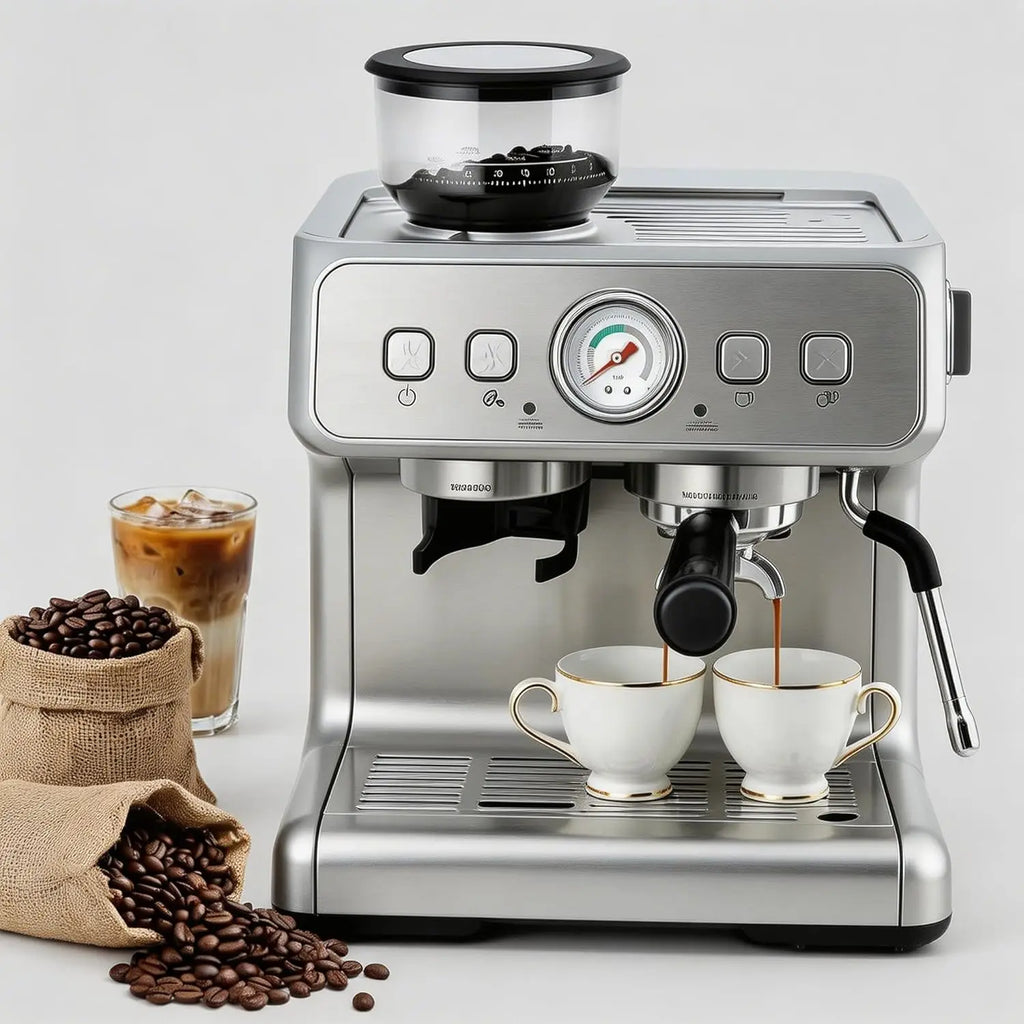 Stainless steel espresso machine with integrated grinder, pressure gauge, and double spout pouring into two cups.