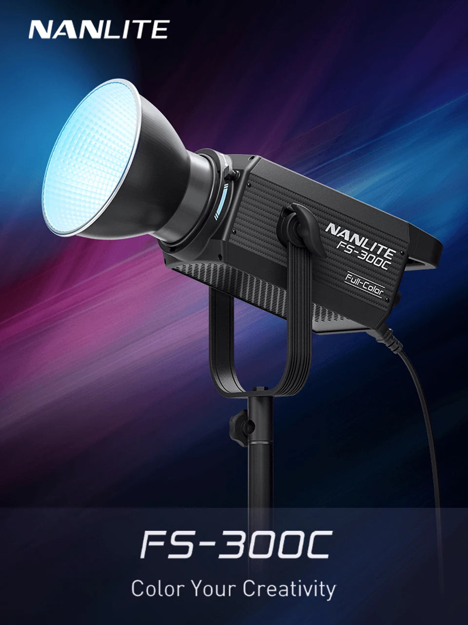 FS-300C full-color LED spotlight with a reflector bowl, mounted on a stand for professional video and studio lighting.