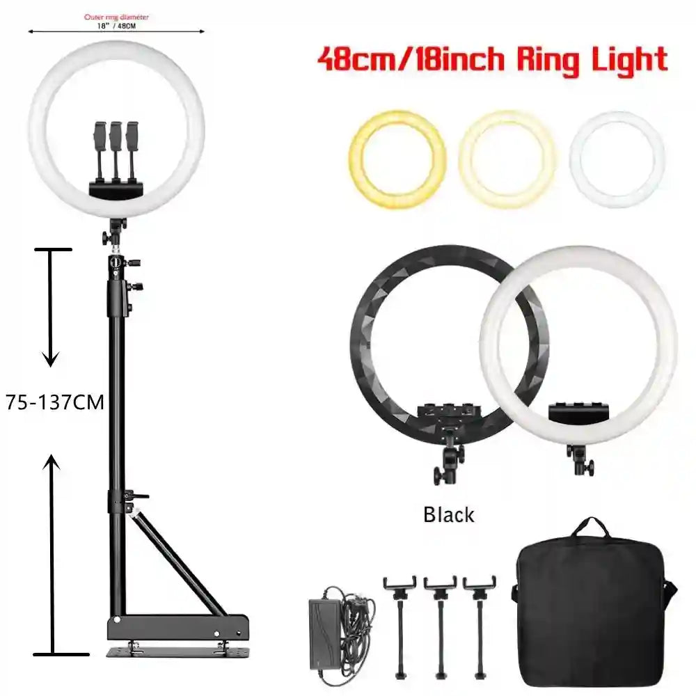 18-inch LED ring light with adjustable stand, phone mounts, and black carrying case for photography and streaming.