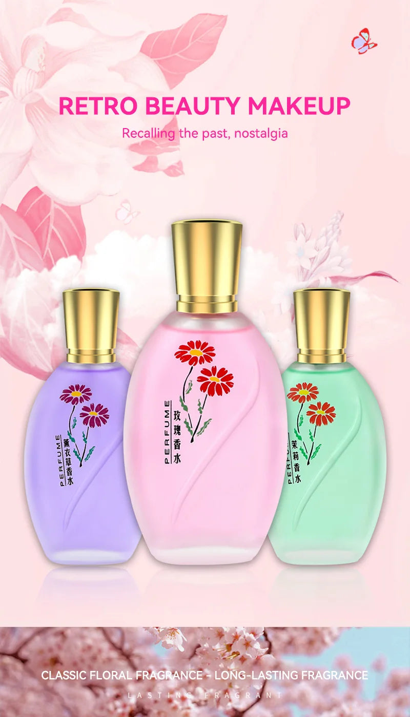 Retro floral 50ml women's Eau de Parfum set. Oval glass bottles with gold caps, featuring daisy, lavender, rose scent.