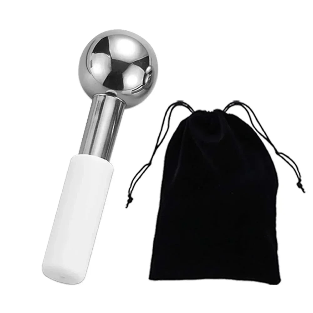 Stainless steel ice globe with white handle and a black drawstring storage pouch on a white background.
