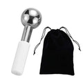 Stainless steel ice globe with white handle and a black drawstring storage pouch on a white background.