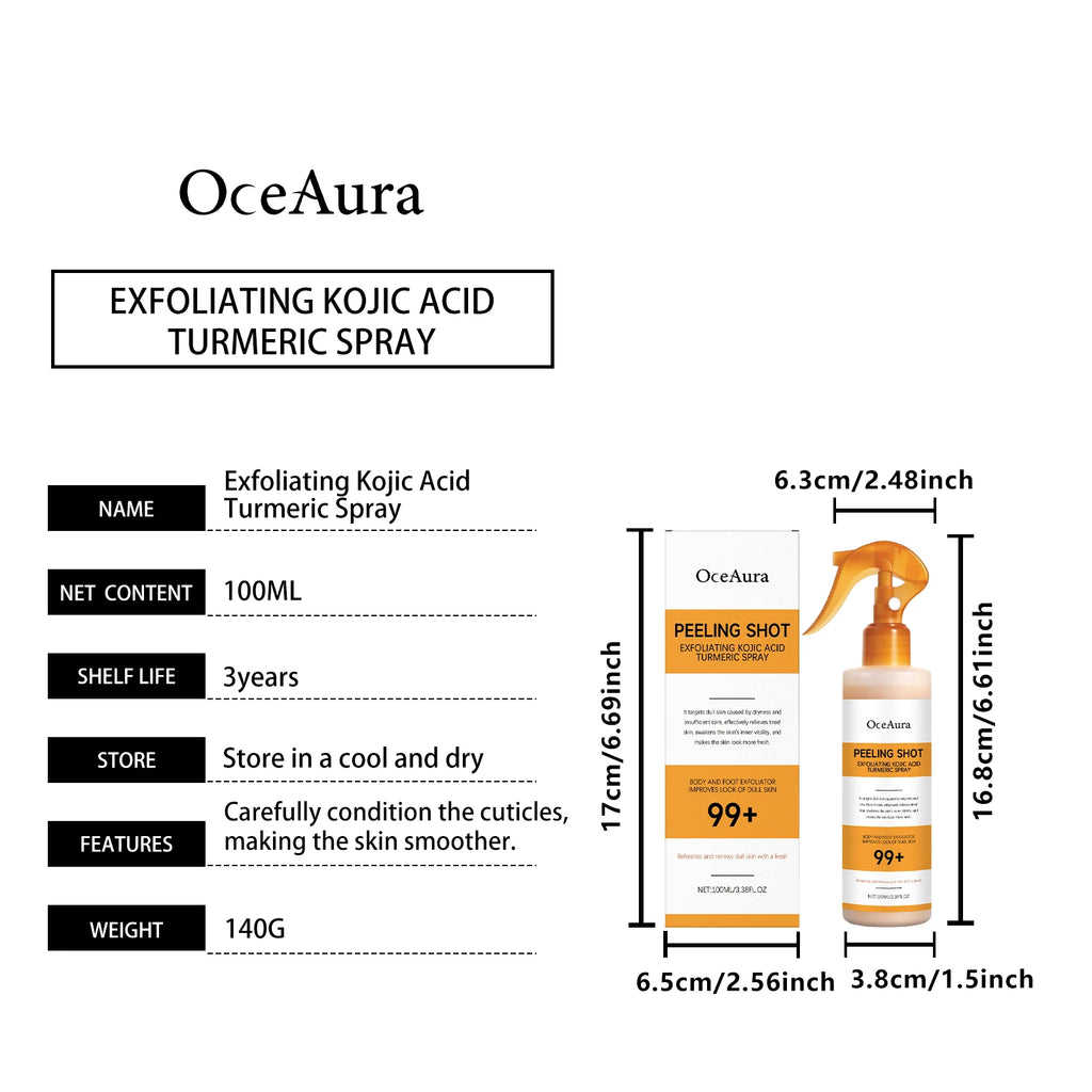 Easy Spray On Body Exfoliator Kojic Acid Turmeric Formula for Dark Elbows Improves Skin Texture & Dullness Rinse Off Gentle Peel