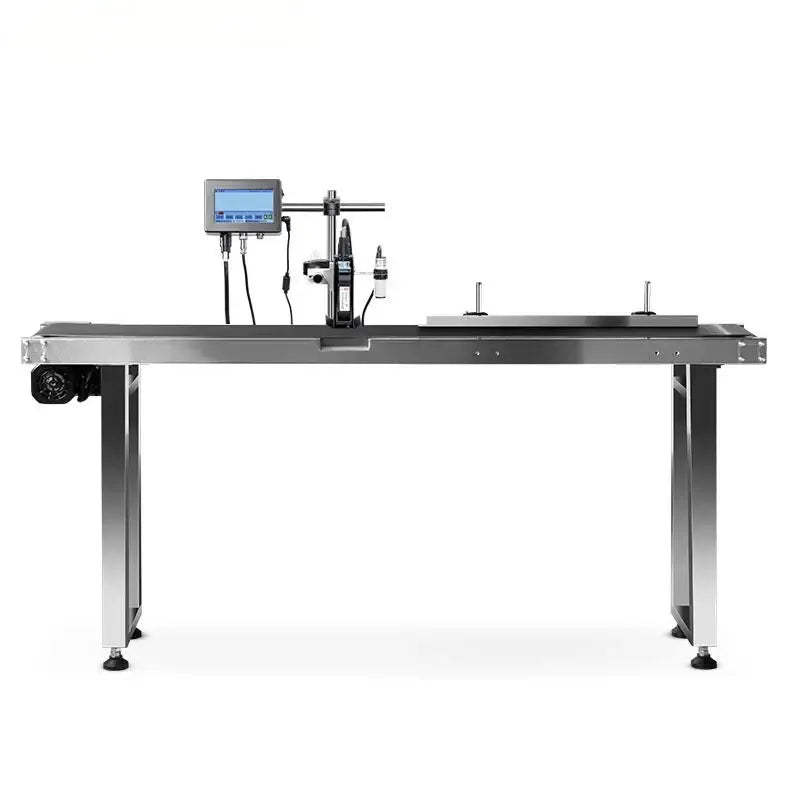 Inkjet date and batch coding machine with long conveyor-style worktable and feet