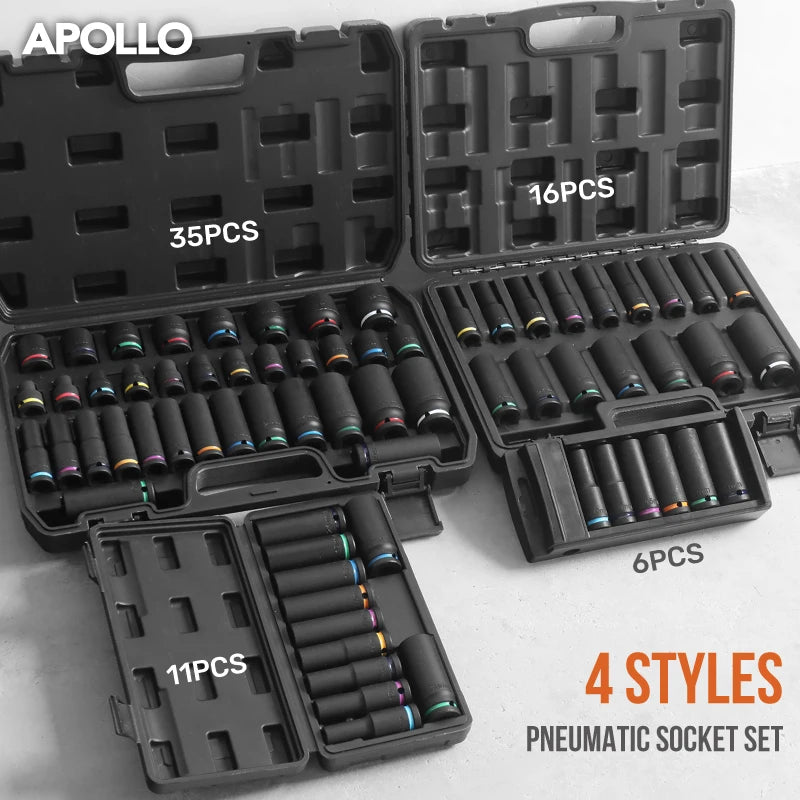 Apollo 1/2" Drive Impact Socket Set 10PC 8-24mm, Thick-Wall CrV Steel Pneumatic Sockets w/Color Rings, Auto Repair Kit for Tire