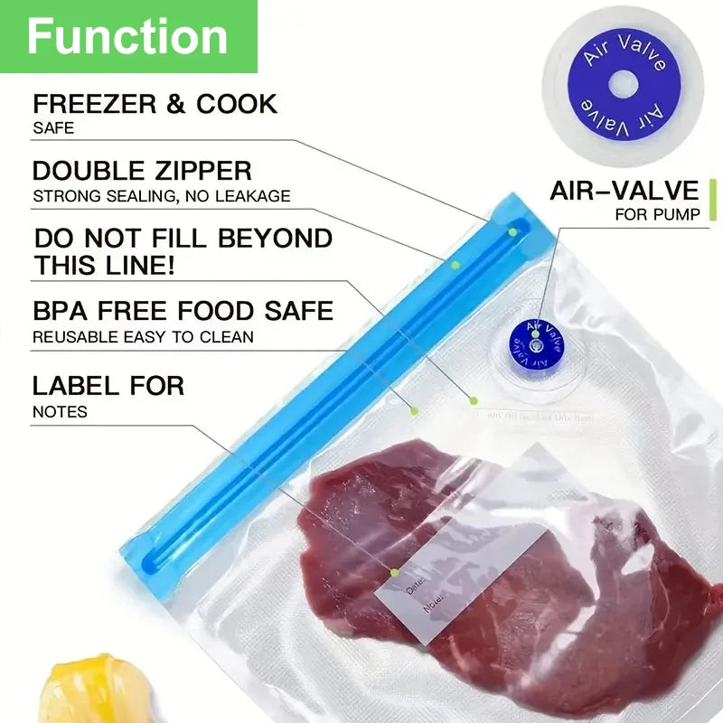 Vacuum Sealer Bags Set 20Pcs (5S 10M 5L) + 2 Clips, Food Safe Reusable Storage Bags for Meat Fruit Vegetable Snacks
