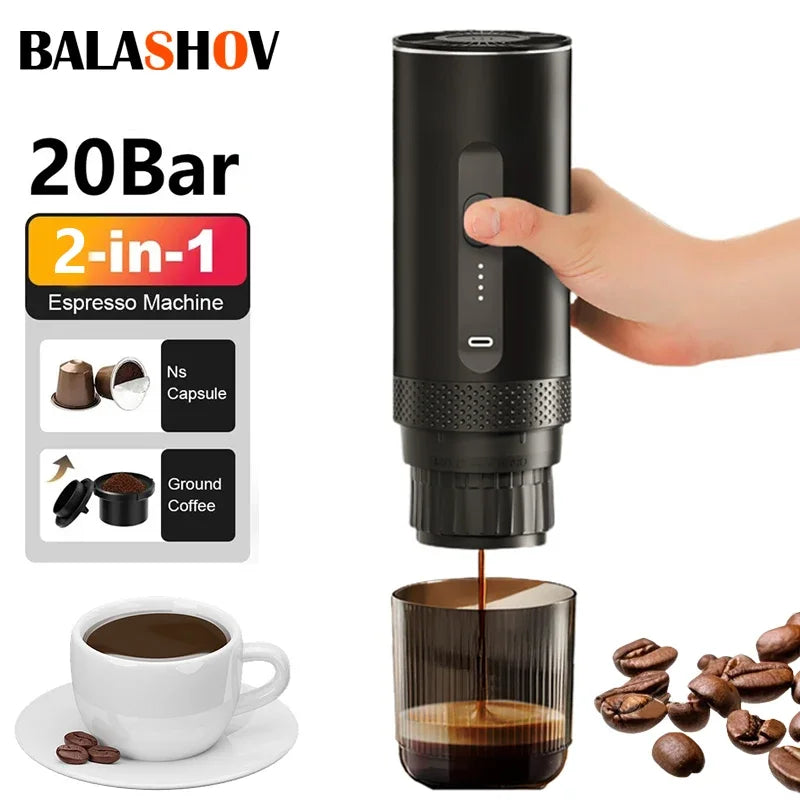 Balashov portable 20-bar 2-in-1 espresso machine in black for Nespresso capsules or ground coffee.