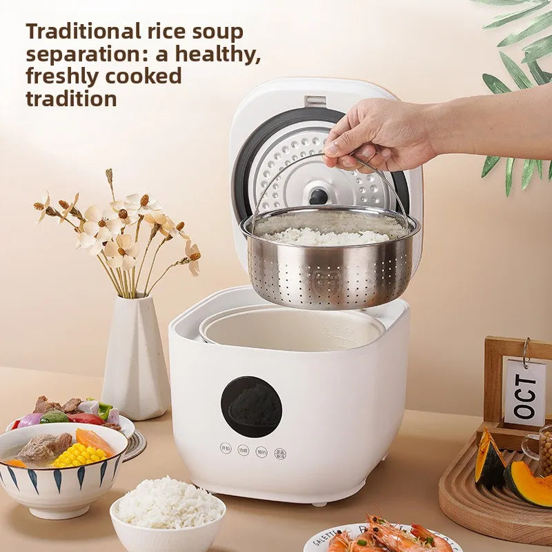 White electric rice cooker with lid open, steaming basket and inner pot visible