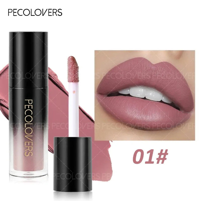 Pecolovers waterproof matte lip gloss in 01# dusty rose, featuring a sleek black tube and non-drying plump texture.