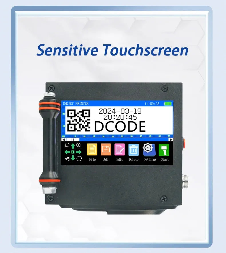 Handheld thermal inkjet printer with sensitive touchscreen and QR code preview