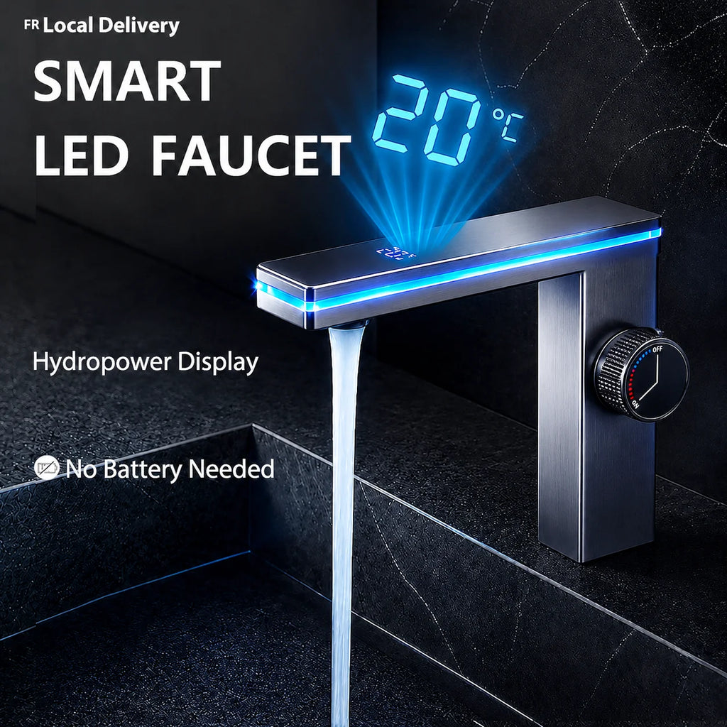 LED Digital Display Bathroom Faucet Deck Mounted Hot Cold Water Mixer Tap Smart Bathroom Sink Faucets Vanity Washbasin Faucet