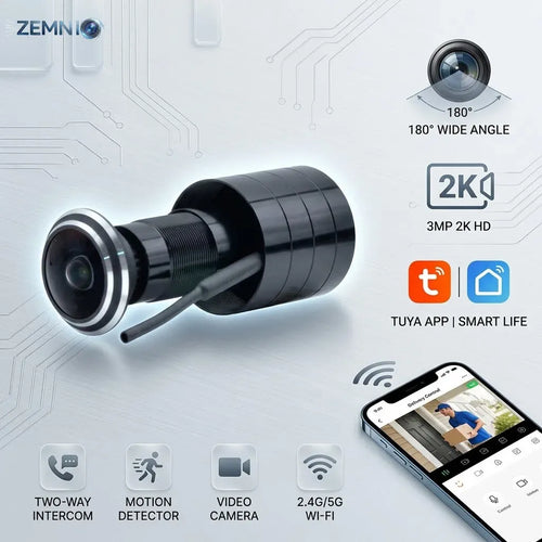 Black door peephole video camera with wide-angle lens, security camera body