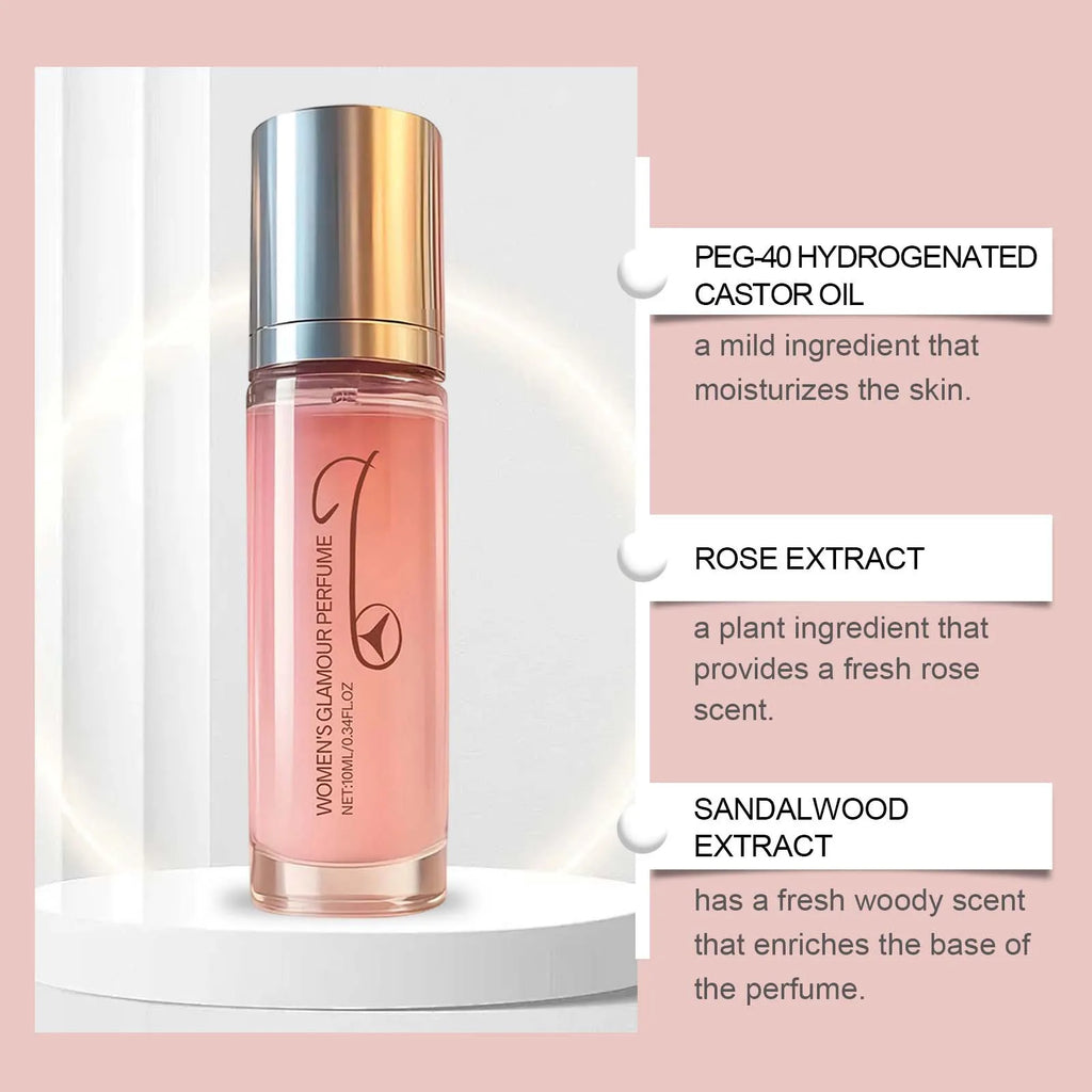 Women's Glamour Pheromone Perfume spray: portable glass bottle with rose and sandalwood scent for long-lasting aroma.