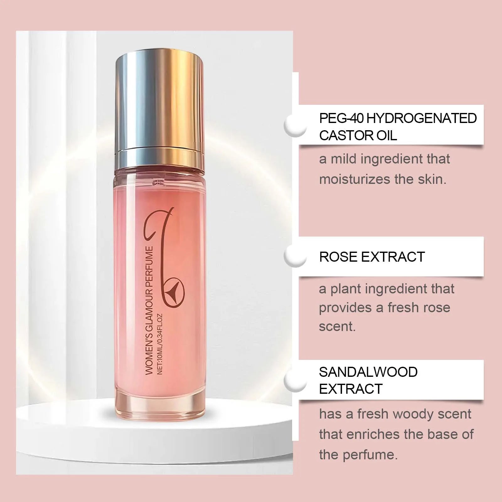 Women's Glamour Pheromone Perfume spray: portable glass bottle with rose and sandalwood scent for long-lasting aroma.