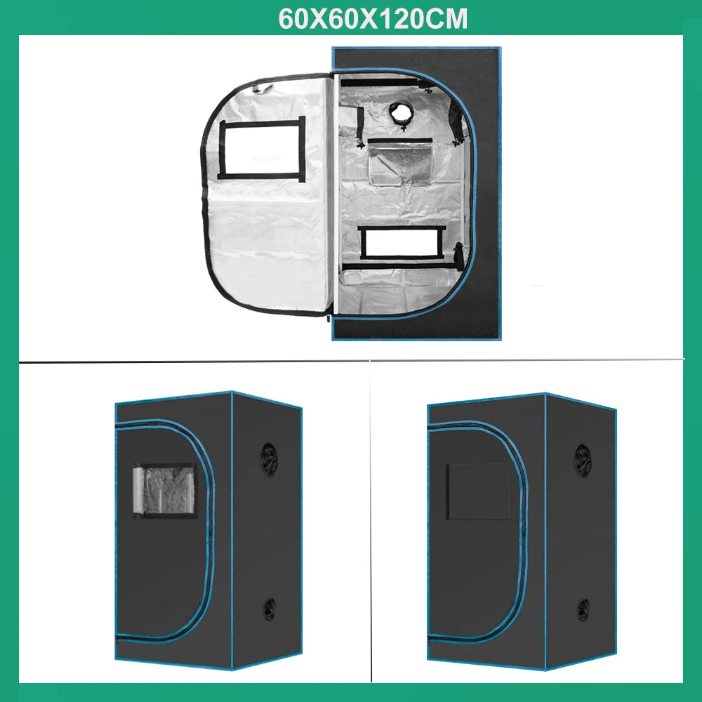 60x60x120cm grow tent kit layout diagram with reflective interior and ventilation ports